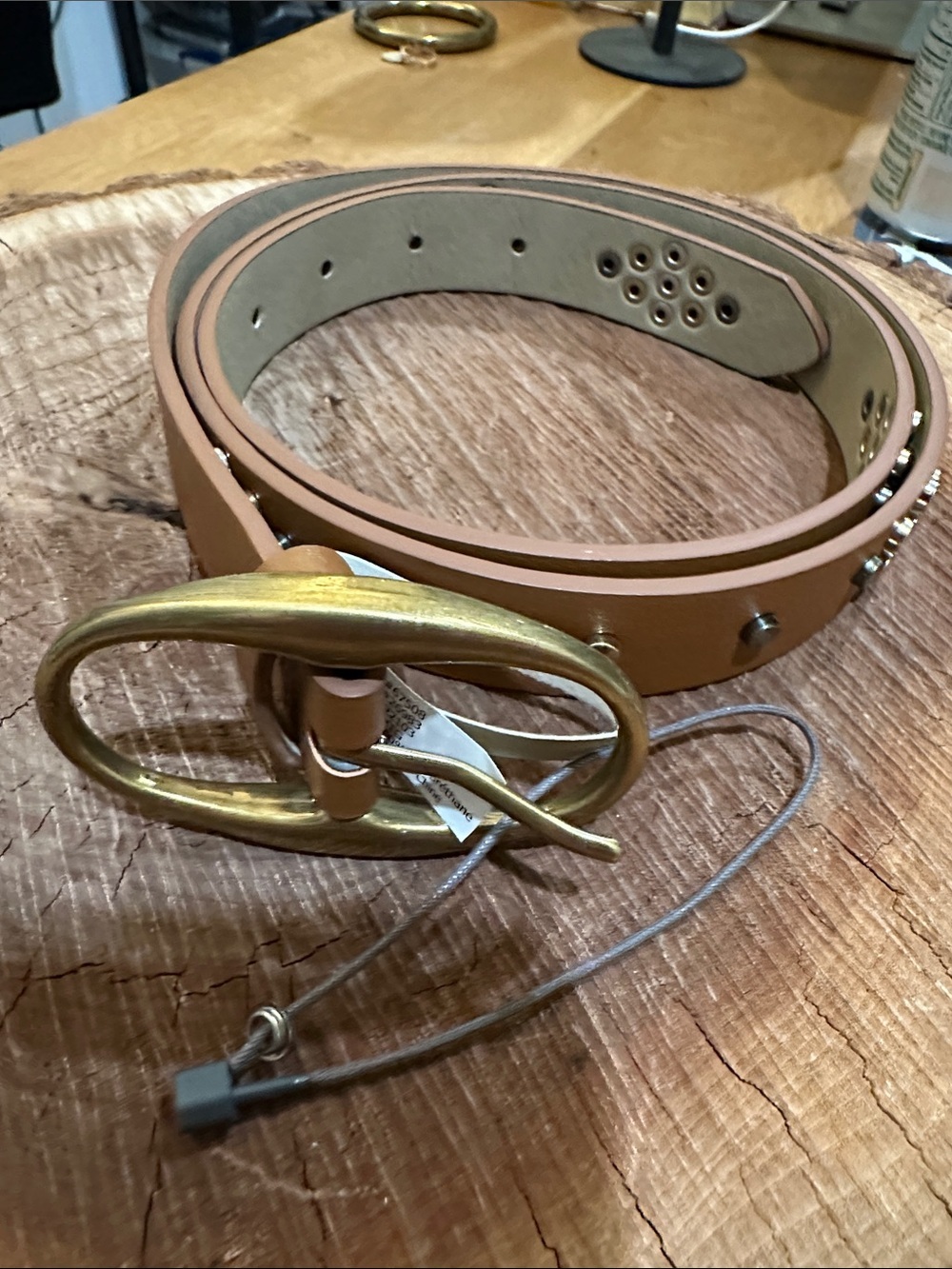 Vince Camuto Tan Leather Belt with Antique Gold Oval Buckle NWOT